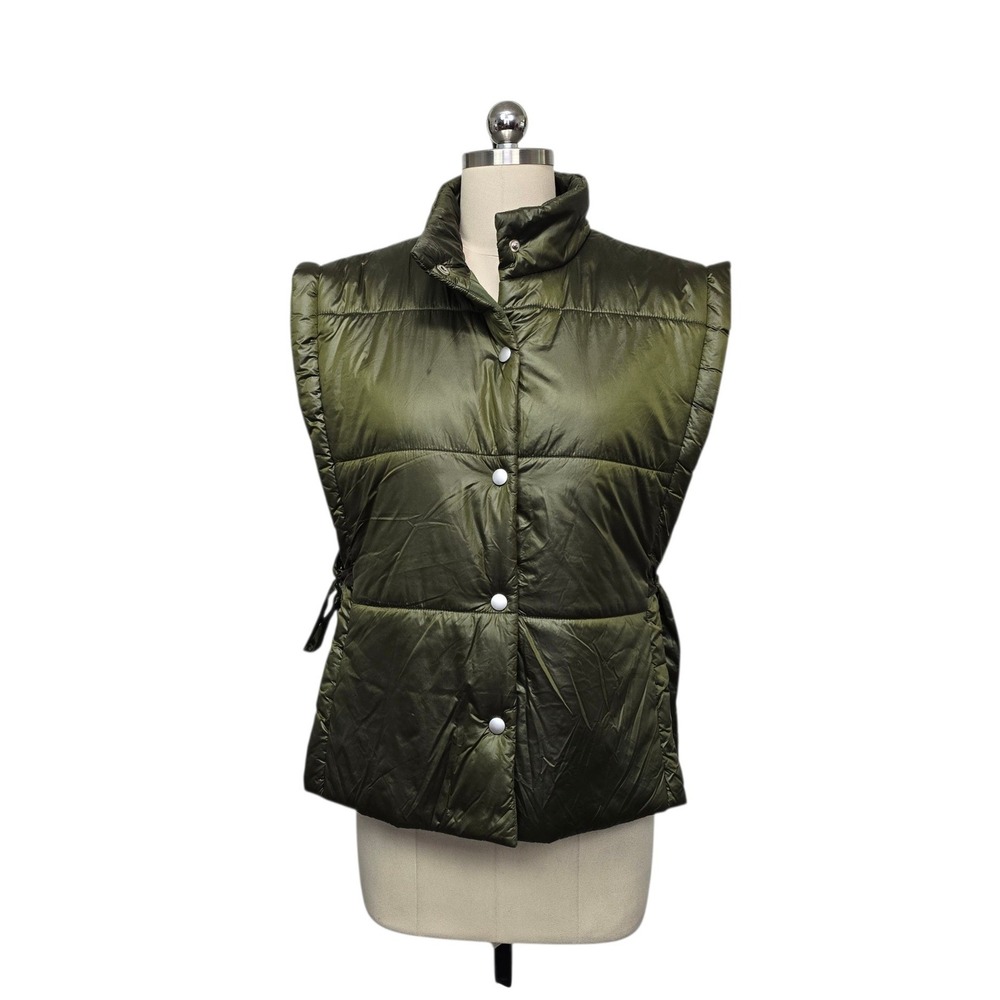 Pilcro Anthropologie Olive Green Puffer Vest Mock Neck Snap Front Side Ties OS